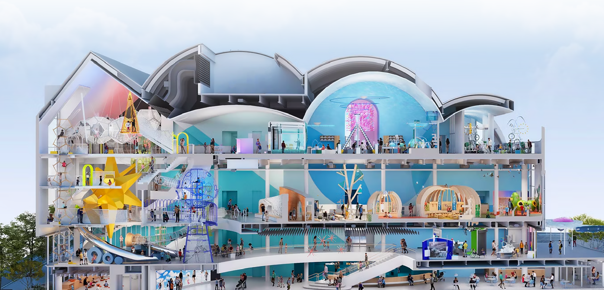 A cross-section map of La Nube, showcasing the locations of each exhibit